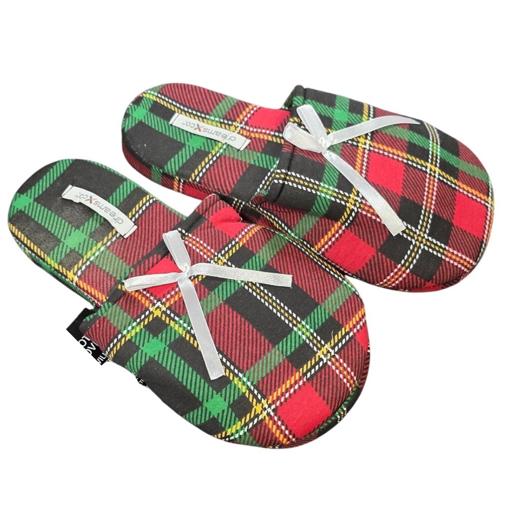 Dreams & Co Gift Box Print Slide Slippers Women's Size L 9/10 Red Green  NWT